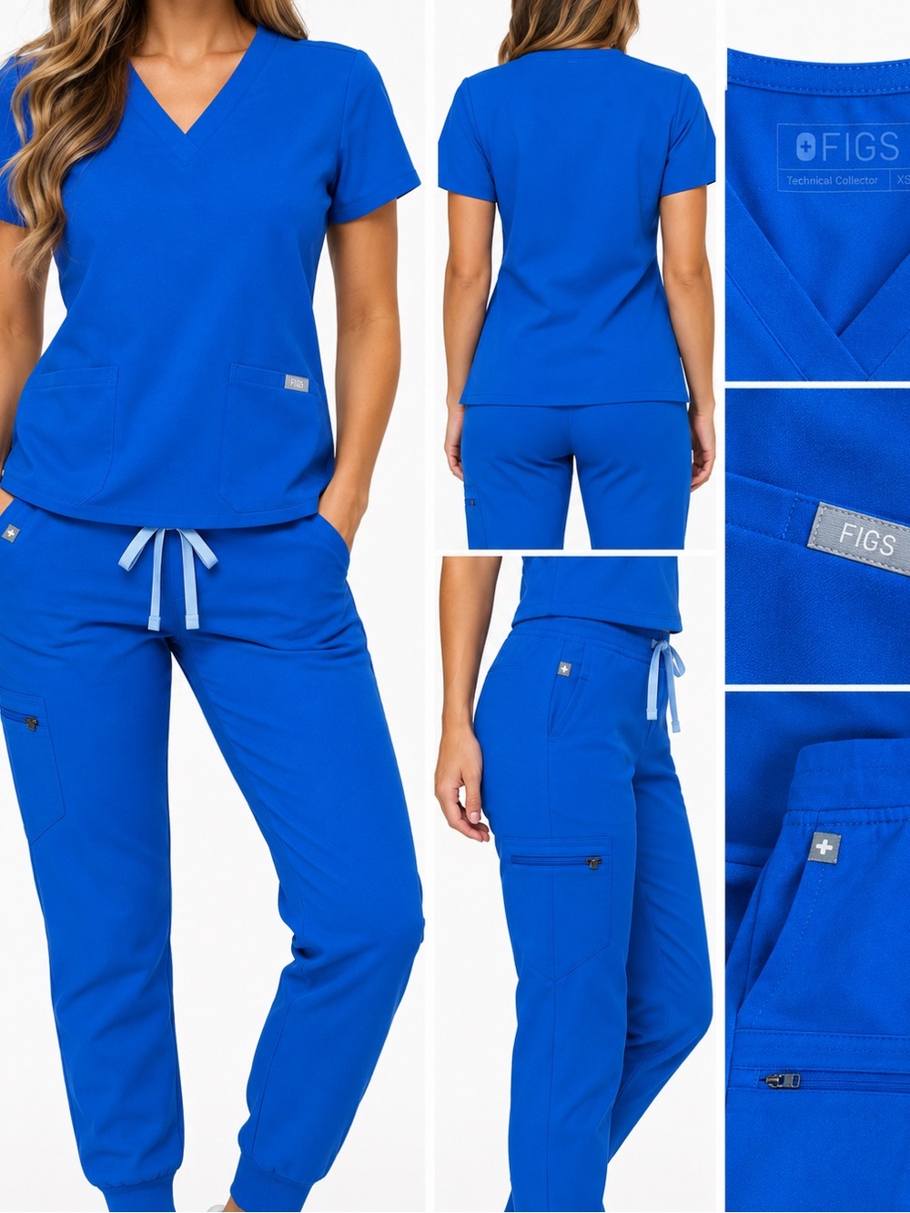 FIGS Women’s Royal Blue Scrub Set Size S/T Small Tall V-Neck Top Jogger Pants
